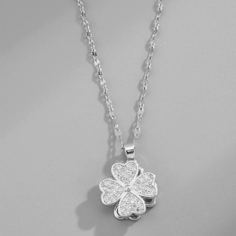 18k White Gold Plated Four leaf clover charm fidget necklace. New